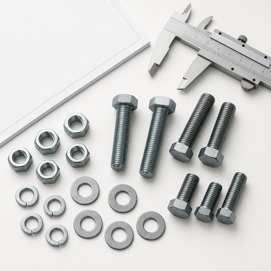 Bolts, nuts and washers laid out beside a vernier caliper
