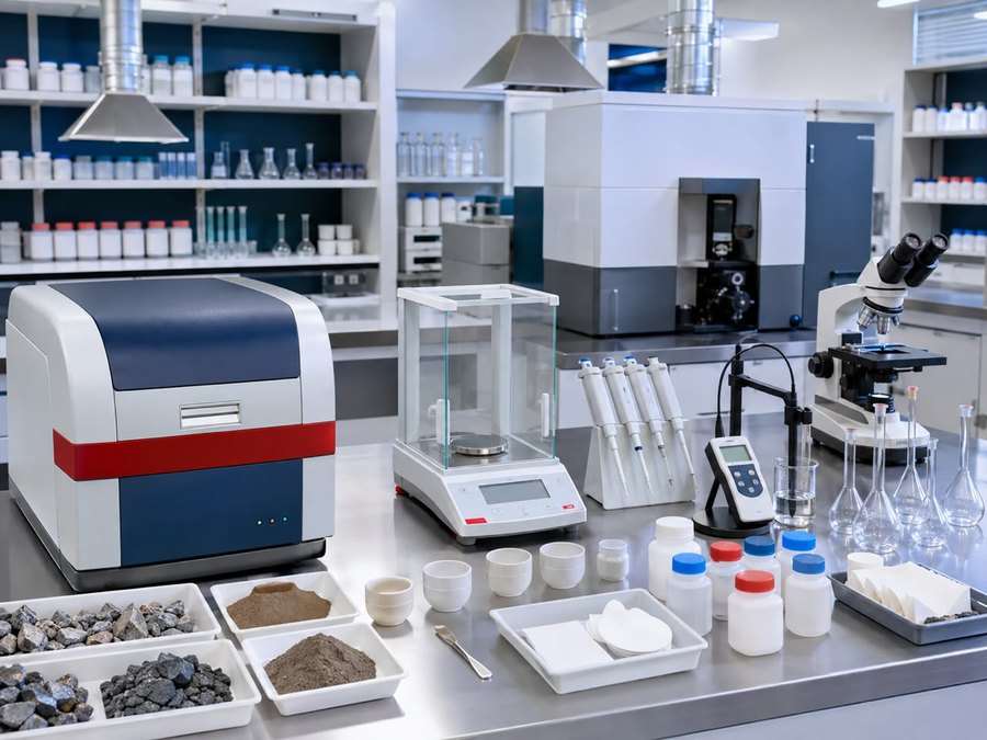 Analytical laboratory with reagent stocks and instrumentation