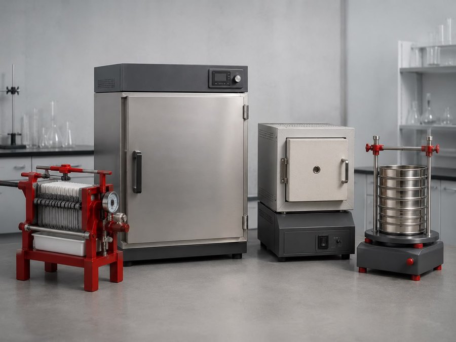Filter press, drying oven, furnace and sieve shaker