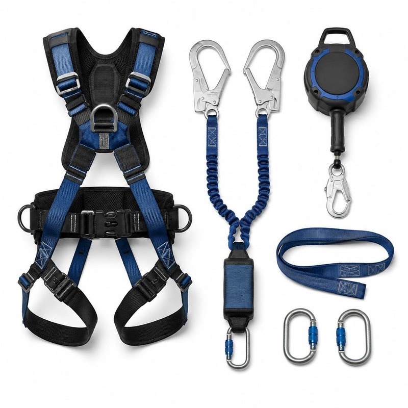 Fall arrest harness, lanyards and carabiners